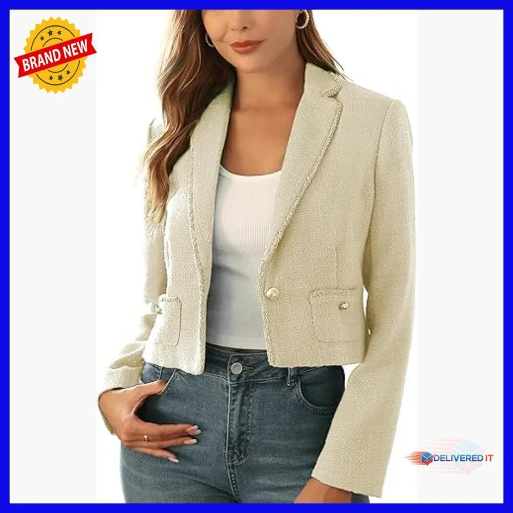 Cropped Tweed Blazer with Pockets, Long Sleeve Open Front Notch Lapel